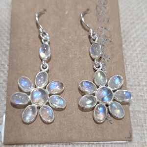 Elegant Silver Flower Moonstone Drop Earrings